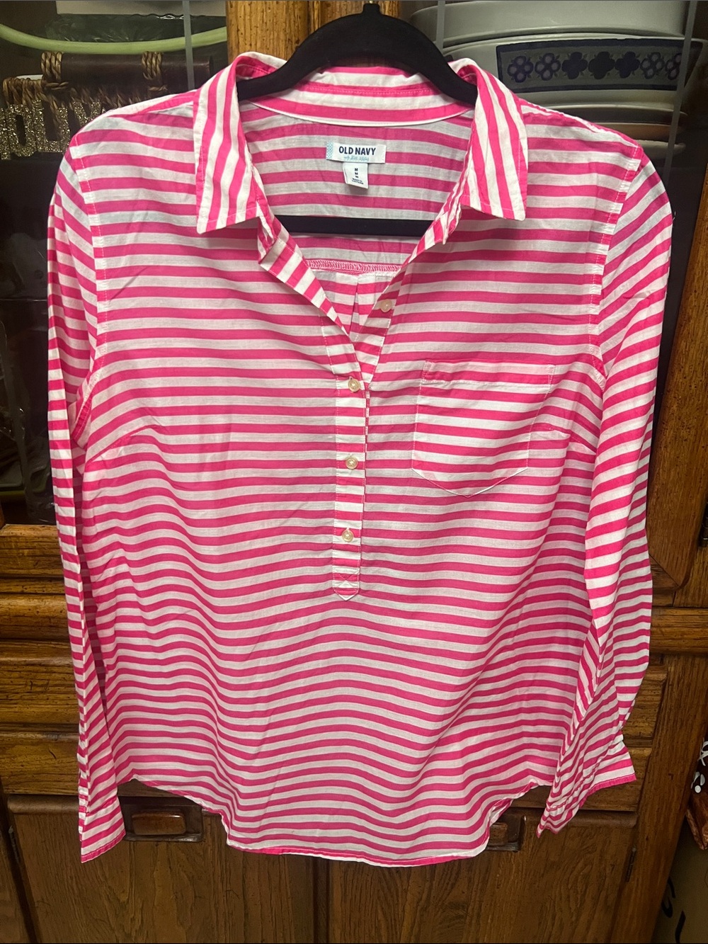 Old Navy women’s Pink and White Striped Button-Front Shirt